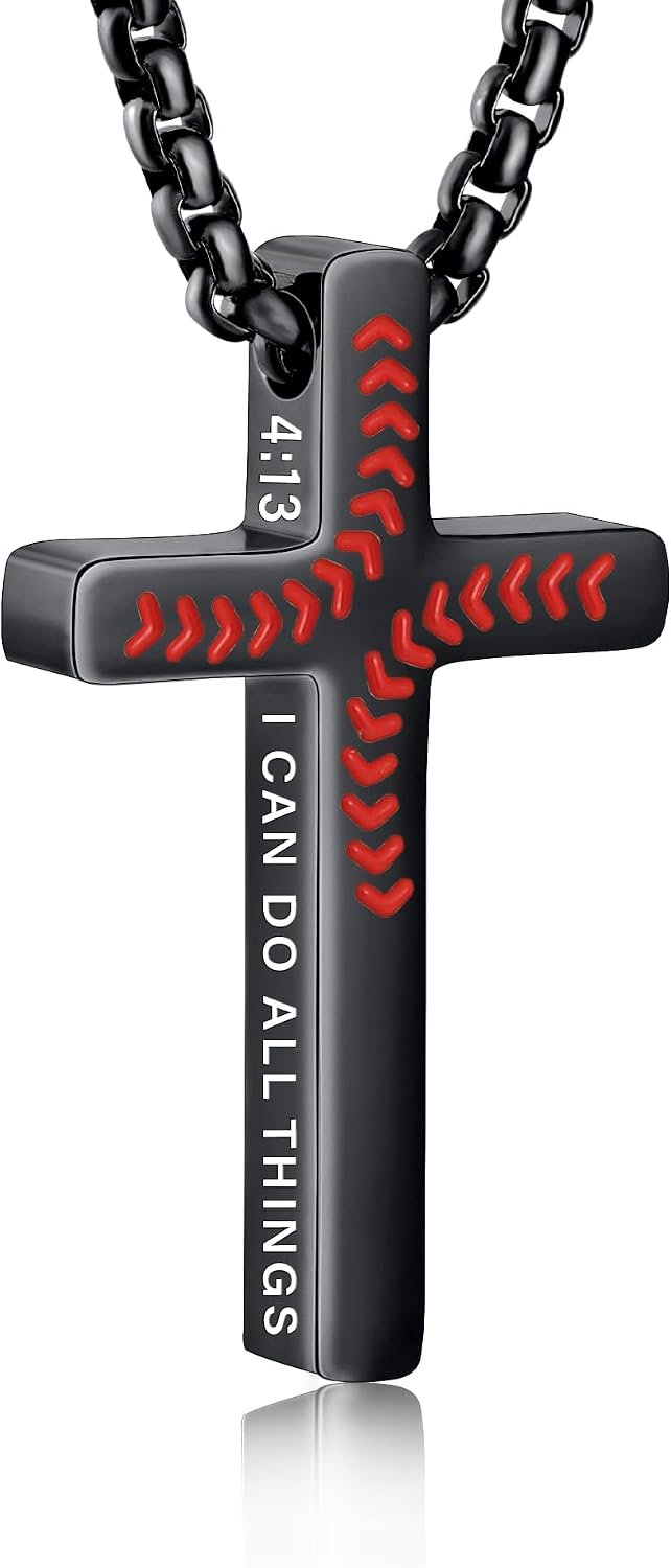 Baseball Bible Verse Cross Necklace for Boys Men, Stainless Steel Cross Pendant Baseball Game Day Christian Religious Jewelry Gifts for Teen Boys Kids