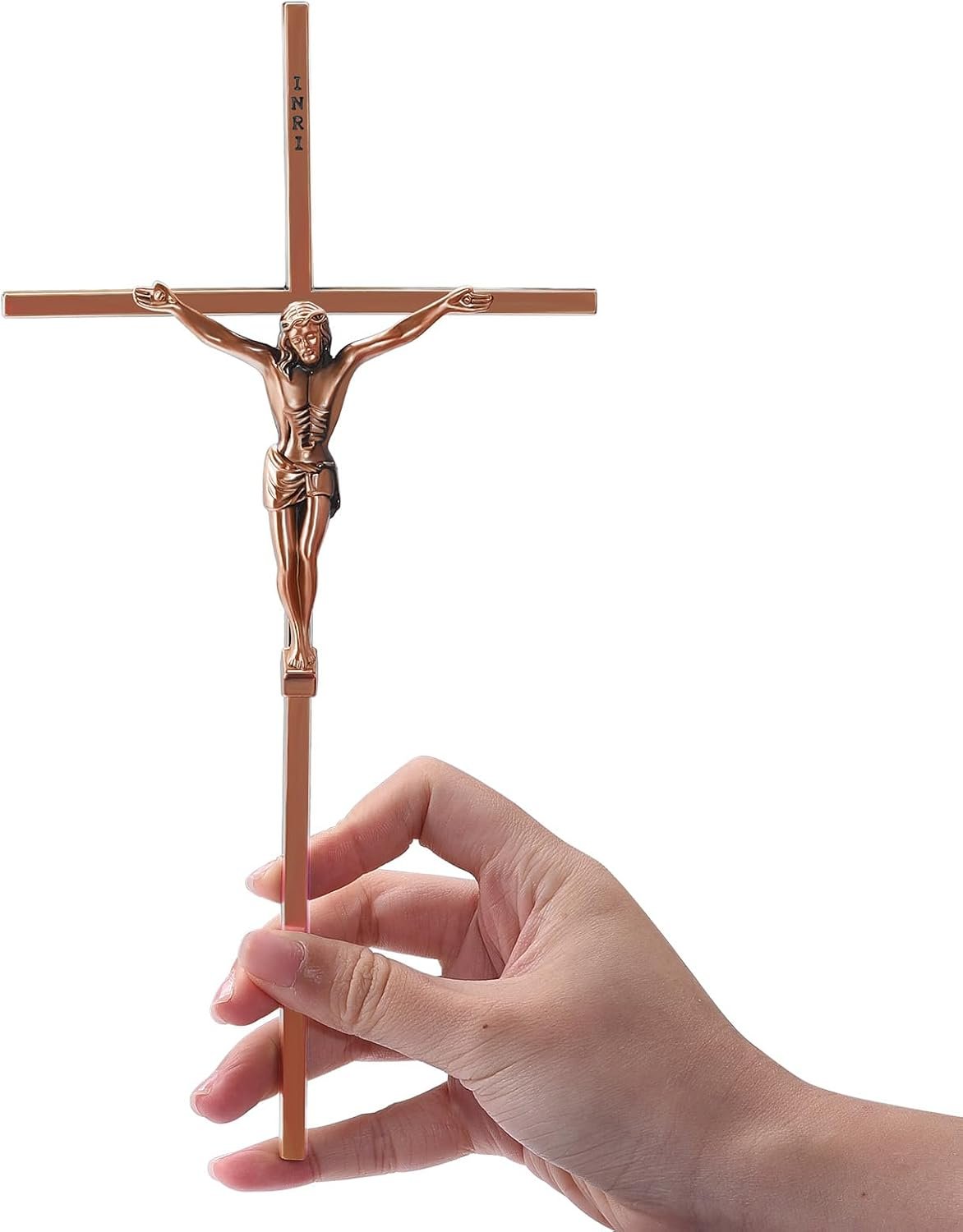 WenRity 10 Inch Metal Slender Crucifix Wall Cross INRI Cruz Del Perdon Catolica Wall Art Decor Give Blessing and The Spiritual Sacred (Red Copper)