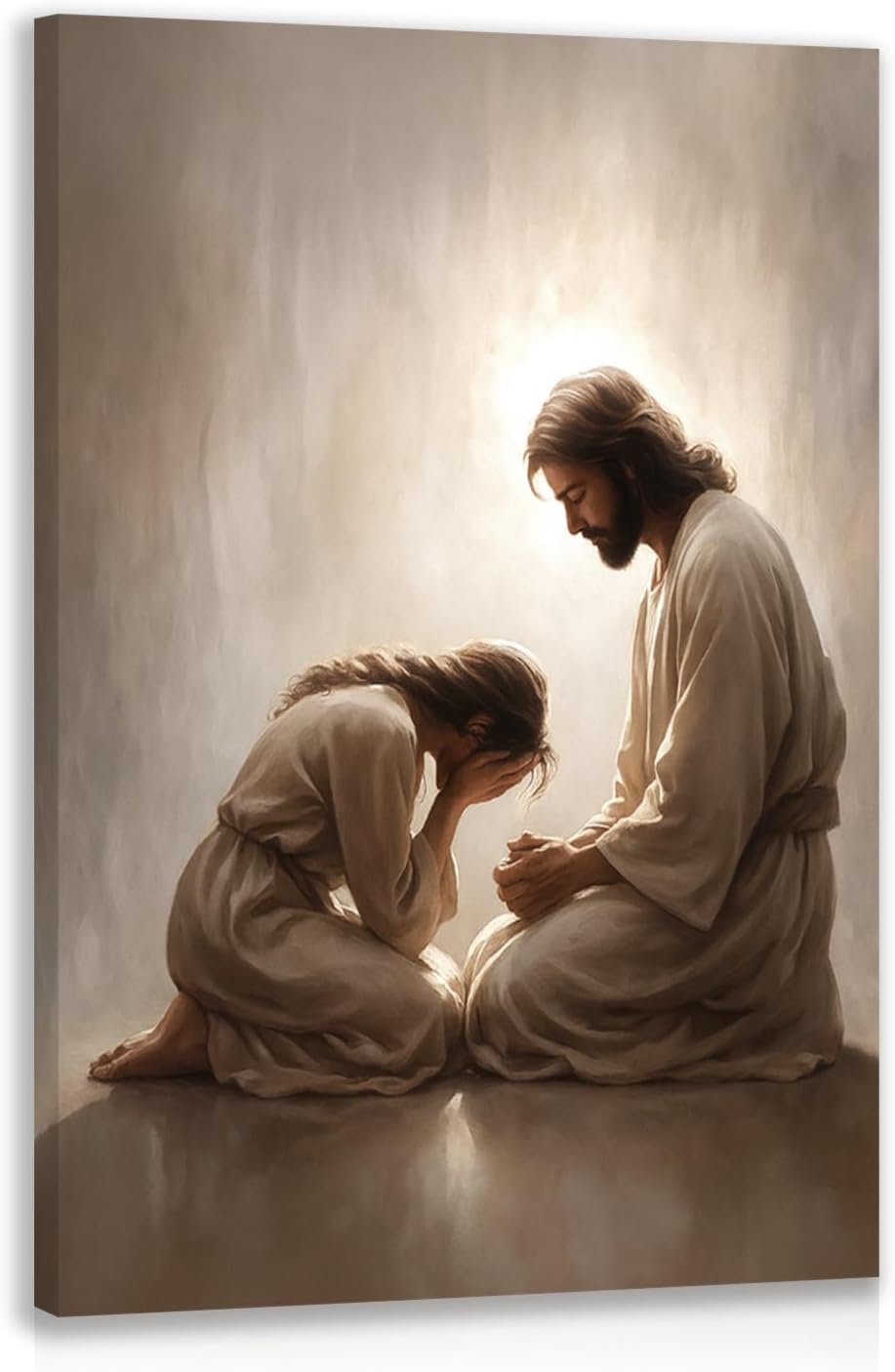 FASWQ Wrapped Canvas Jesus Comforting Woman Christian Wall Art 12×16 in