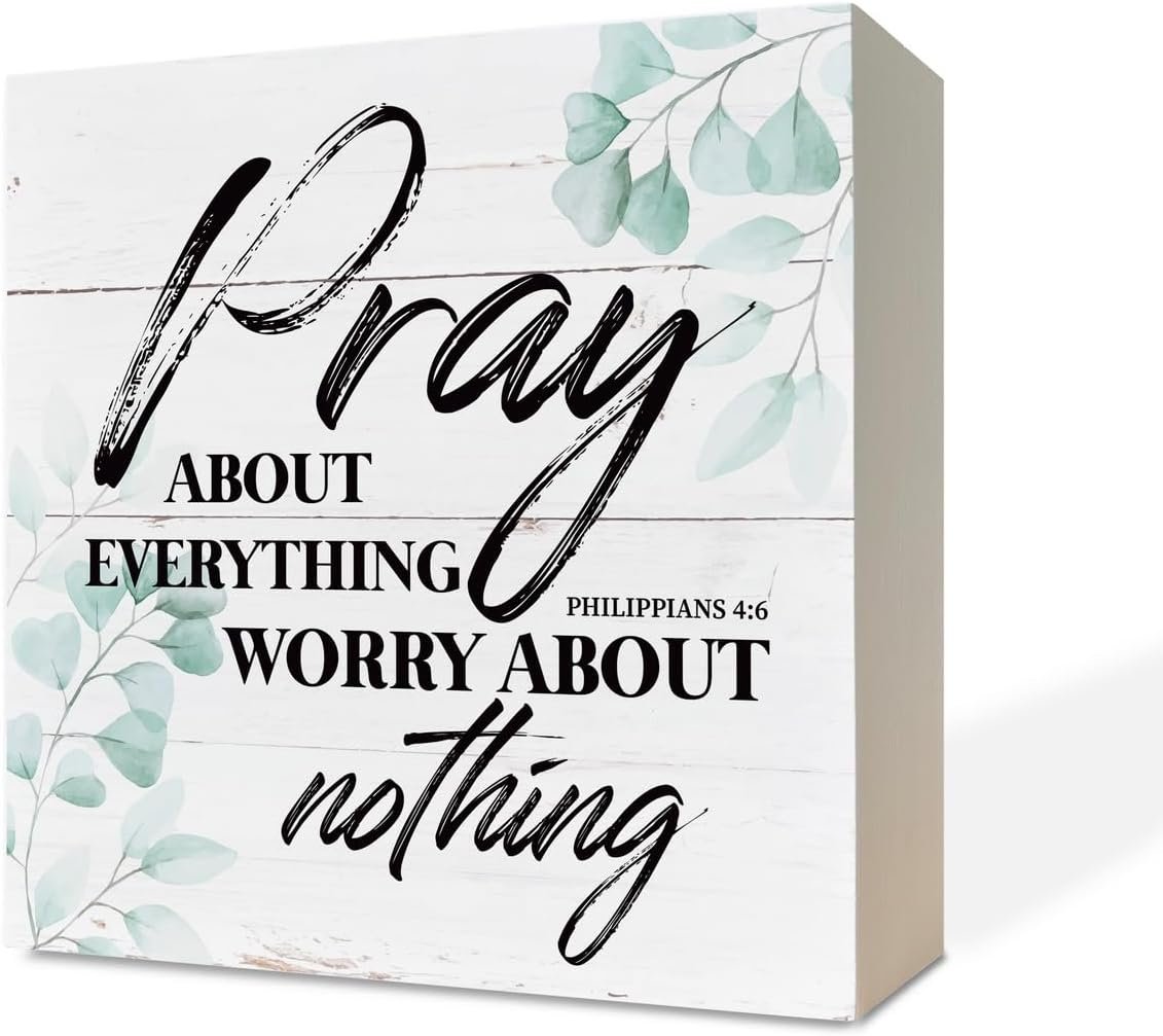 Christian Wood Sign – Bible Verse Philippians 4:6 – Pray about Everything, Worry about Nothing – Tabletop, Home Desk Decor, Motivational Gift