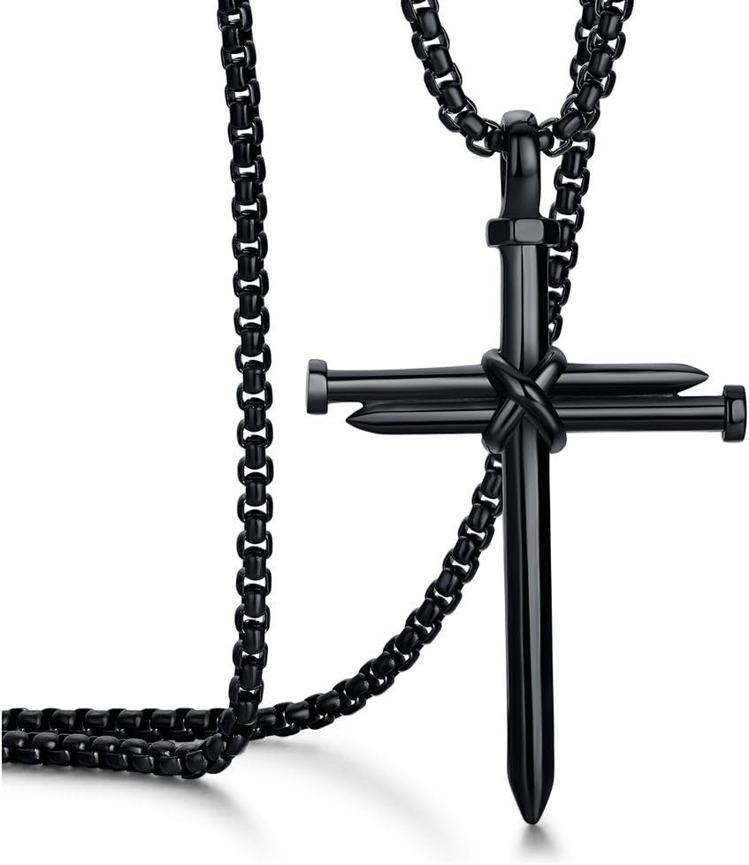 Men’s Stainless Steel Nail Cross Pendant Necklace With 24 Inch Chain