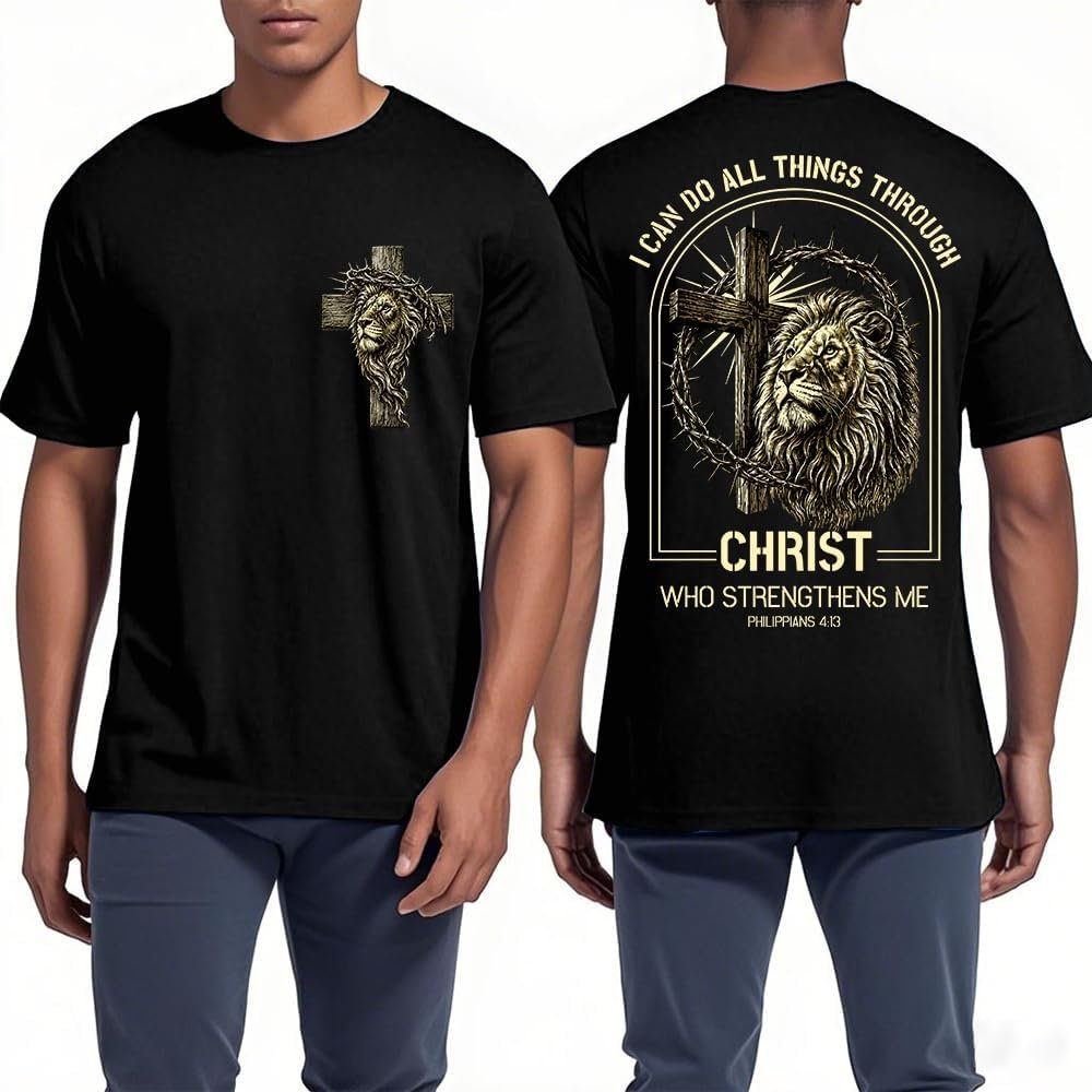Christian Shirt for Men Bible Verse Shirt I Can Do All Things Through Christ Lion Cross Faith Graphic Tee