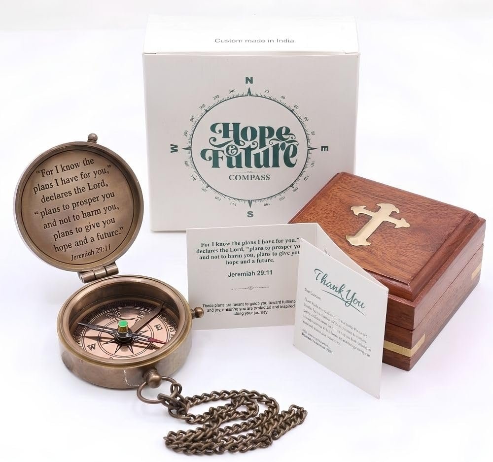 Compass – Brass Directional Vintage Compass Engraved with “for I Know The Plans I Have for You – Jeremiah 29:11” Communion Christian Gifts for Women/Men, Nautical Handmade Antique Décor Baptism Gifts