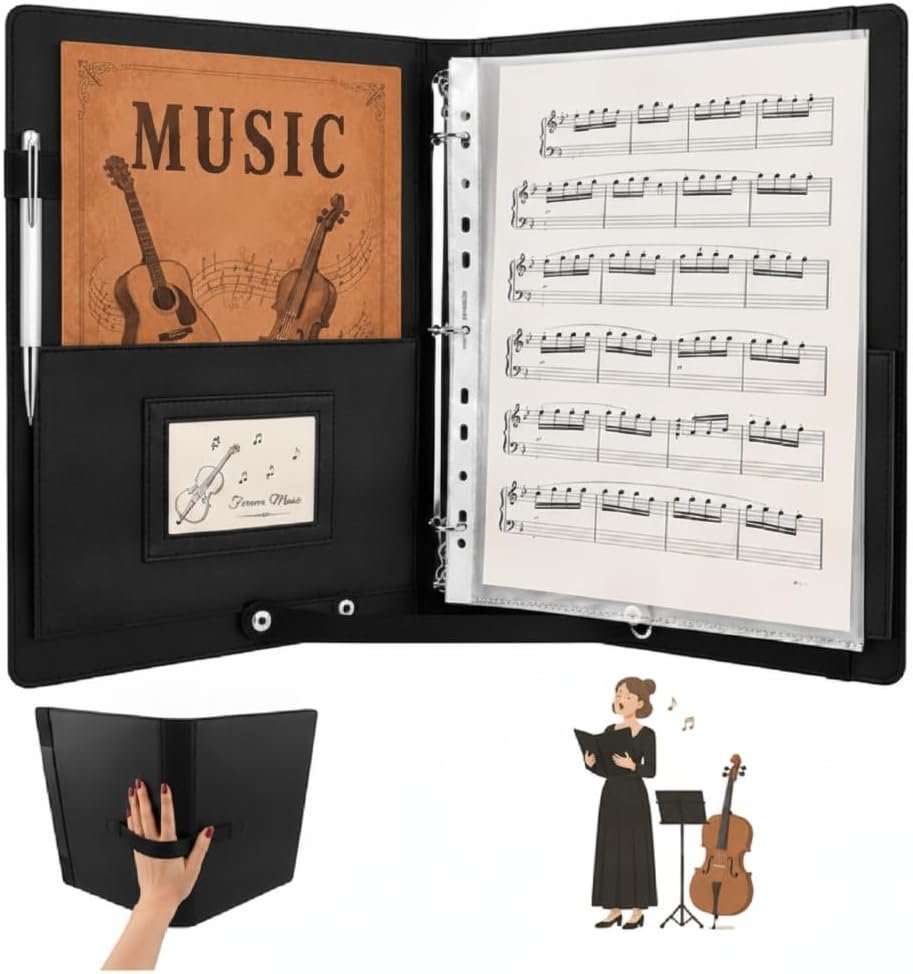 Choral Sheet Music Folder, PU Leather Choir Binder with Hand Strap, 120°/180° Opening Music Folder for Choir, Orchestra, Piano, Fits Letter Size 8.5 x 11 inch, Holds up to 220 Loose Sheets, Black