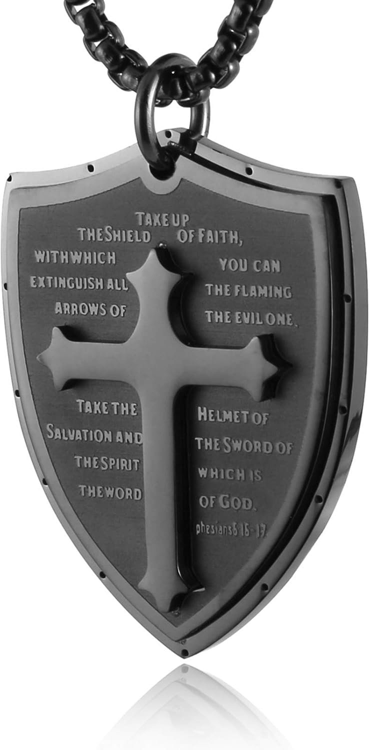 HZMAN Shield Armor of God Stainless Steel Cross Pendant Necklace