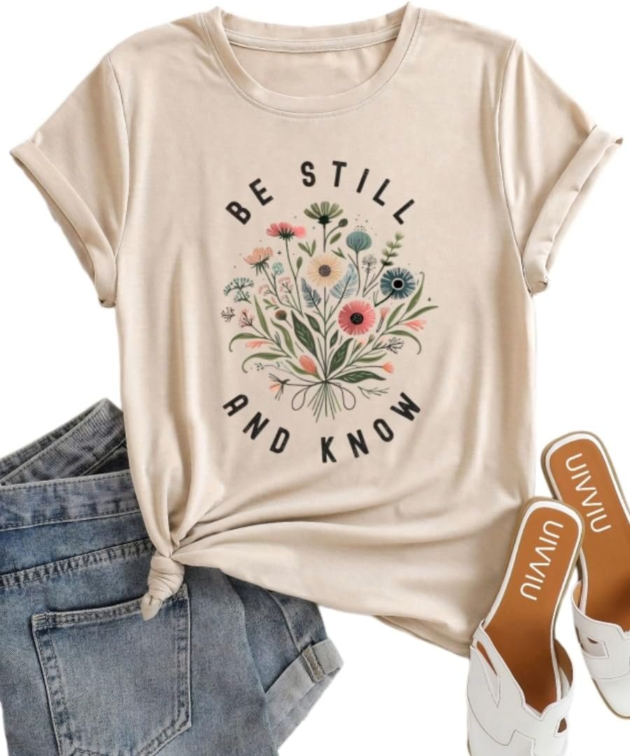 Be Still and Know Shirts for Women Casual Short Sleeve Christian Tee Tops