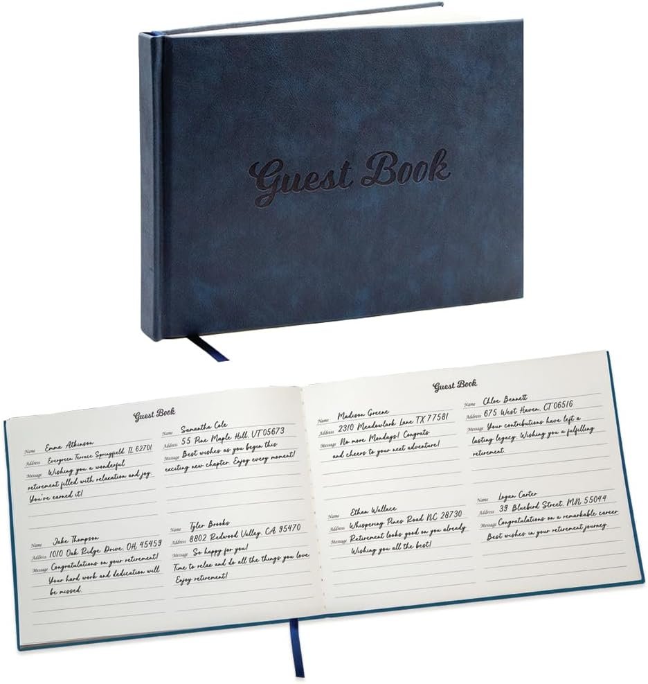 Navy PU Leather Guest Book – 9.5 x 7 Embossed Guestbook with Name Address Message Lines for Wedding Funeral Retirement Party, 140 GSM Paper, 120 Pages