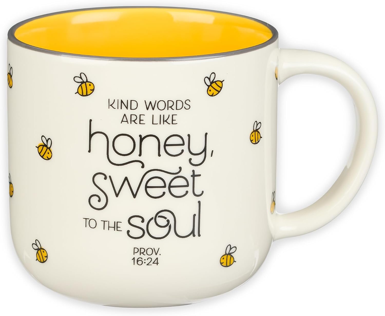 Christian Art Gifts Large Ceramic Coffee Mug: Kind Words are Like Honey | Proverbs Bible Verse, Cute Microwave/Dishwasher Safe Bumble Bee Cup, Yellow/White, Encouragement Gifts for Women, 15 oz.