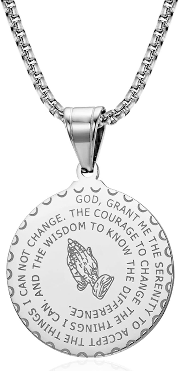 Serenity Prayer Necklace Praying Hands Coin Pendant for Men Women