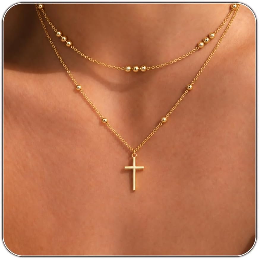 Cross Necklace for Women – Dainty 14K Real Silver Gold Plated Layered Pendant Necklace Stack Simple Trendy Cute Charm Choker Necklaces Jewelry Gift for Teen Her