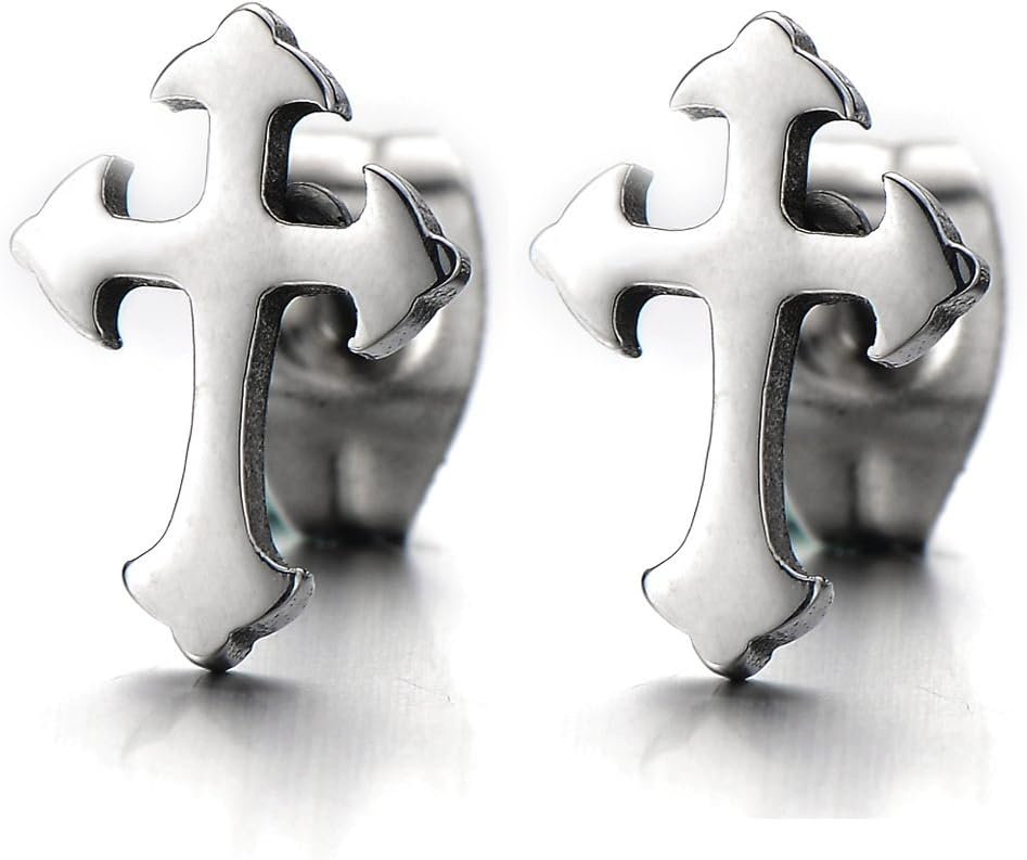Pair Unisex Plain Cross Stud Earrings of Stainless Steel for Man and Women