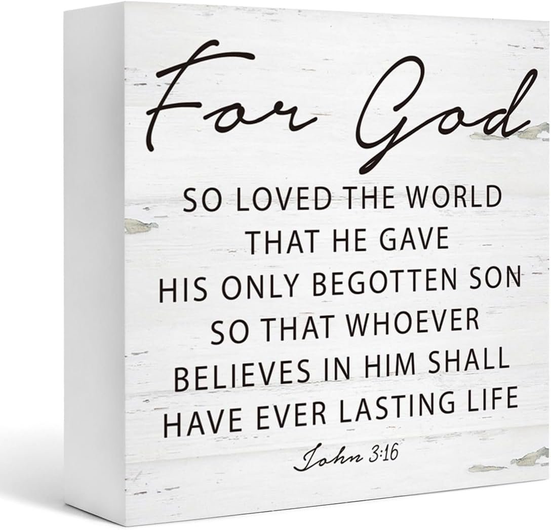 Christian Room Decor, Decorative Wooden Box Signs, Modern Farmhouse Decoration for Tabletop, Home Church Decor, Scripture John 3:16 Wood Sign, For God So Loved the World Sign 5×5×1.2inches