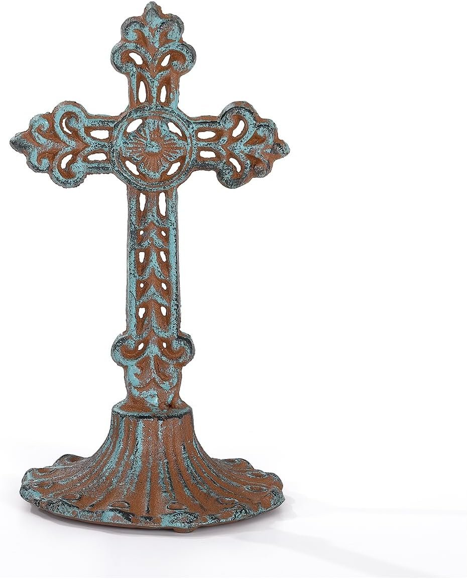 8.5″ Metal Victorian Standing Cross, Antique Blue