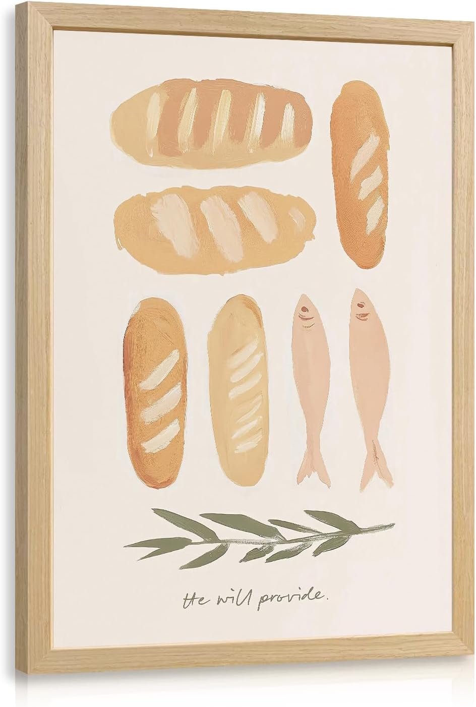 Dynazo Wood Framed Christian Kitchen Wall Art, Biblical Bread and Fish Wall Decor, He Will Provide Scripture Poster Print, Inspirational Religious Faith Artwork for Dining Room Church 12×16 Inch