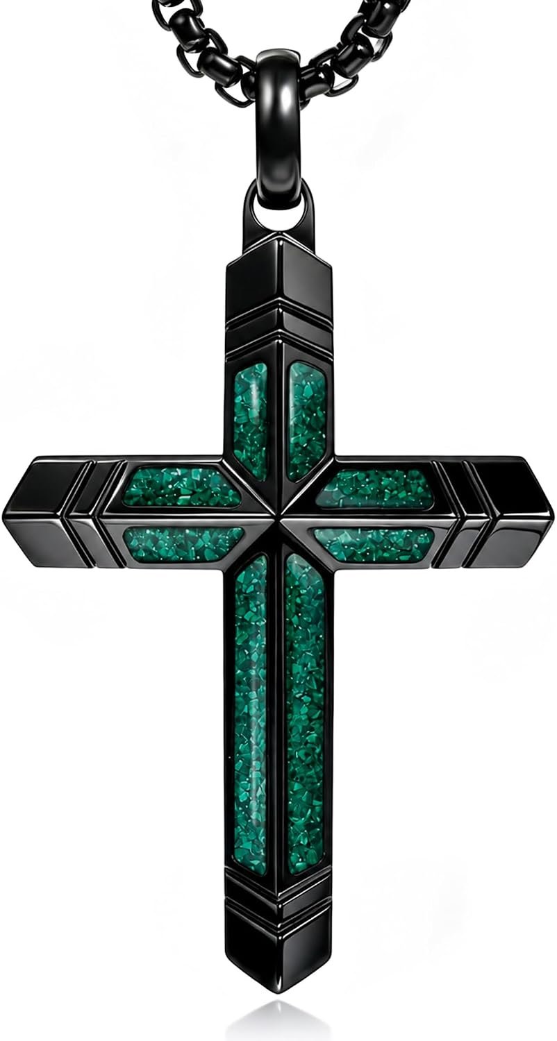 Cross Necklace for Men Turquoise/Malachite Cross Necklace with Adjustable Box Chain 24-26 Inches Christianity cross Jewelry Men’s Gifts
