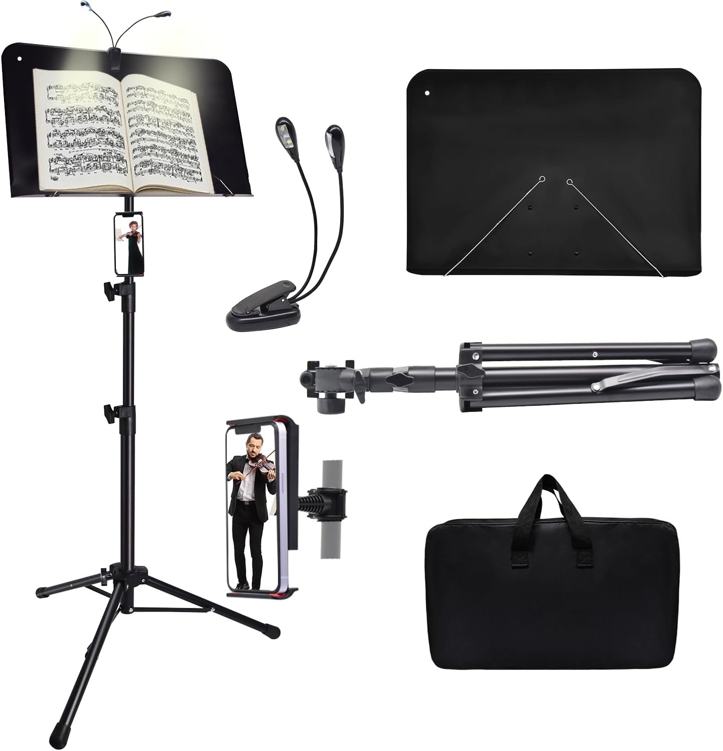 Sheet Music Stand with Light and Phone Holder, 57″ Portable Music Stand for Sheet Music High Stability, Height Adjustable Music Stands with Carrying Bag(33-57inch, Plate without hole)