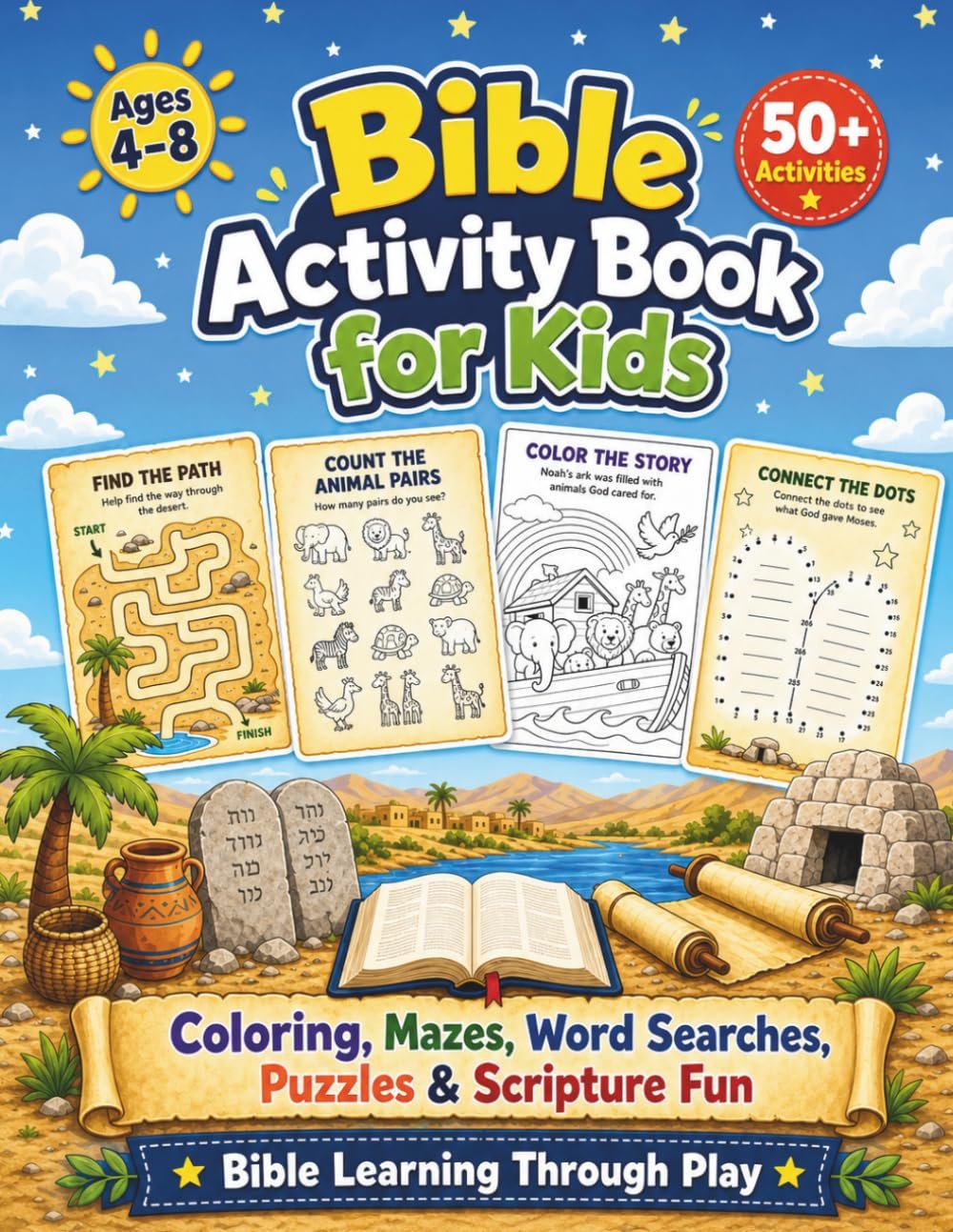 Bible Activity Book for Kids: Ages 4–8: 50+ Large Print 8.5 x 11 Coloring Pages, Mazes, Tracing, Counting, Puzzles, and Scripture Fun