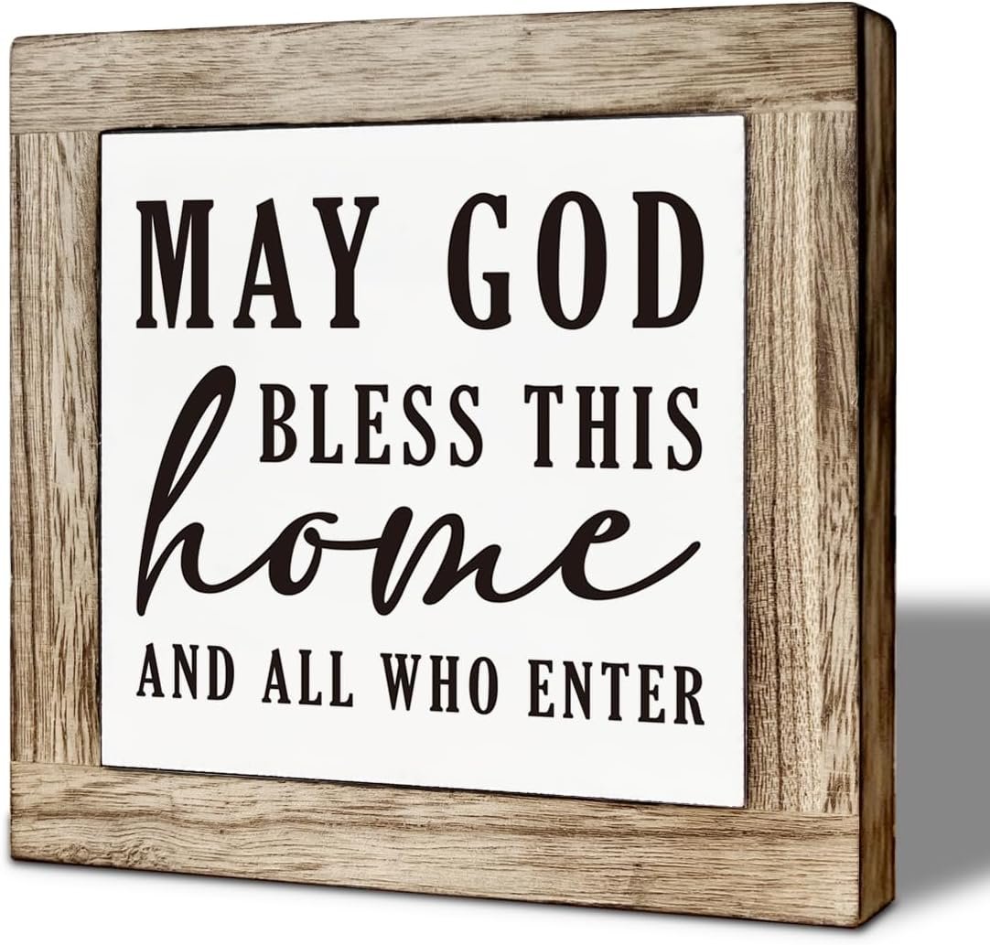 Christian Wooden Box Sign, Inspirational Table Sign, May God Bless This Home, Farmhouse Bible Verse Tabletop Signs, Positive Home Desk Decor for Bedroom Living Room 5.9×5.9 Inches