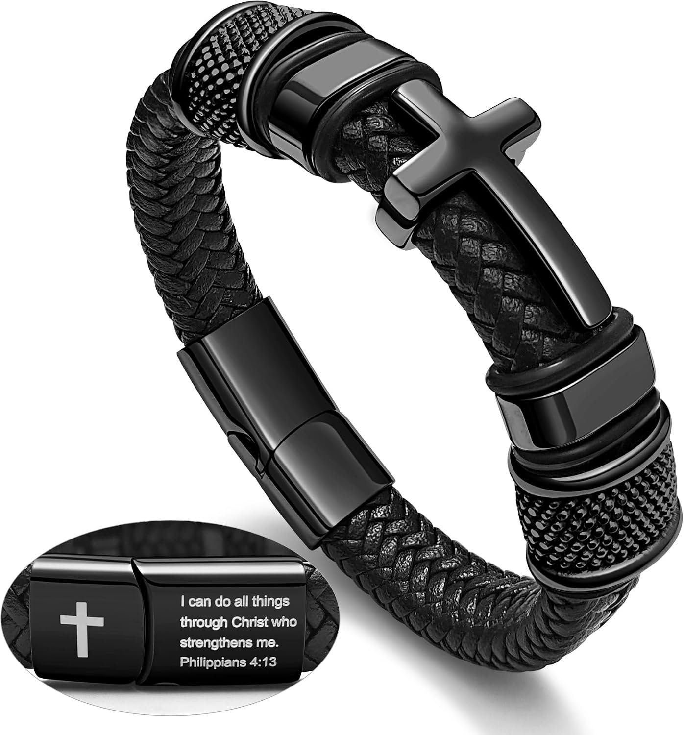 Black Cross Cuff Bracelet for Men, Philippians 4:13 Stainless Steel Braided Leather Bible Verse Jesus Bracelets Inspirational Faith Gift for Dad Brother Son Religious Baptism Confirmation Gifts