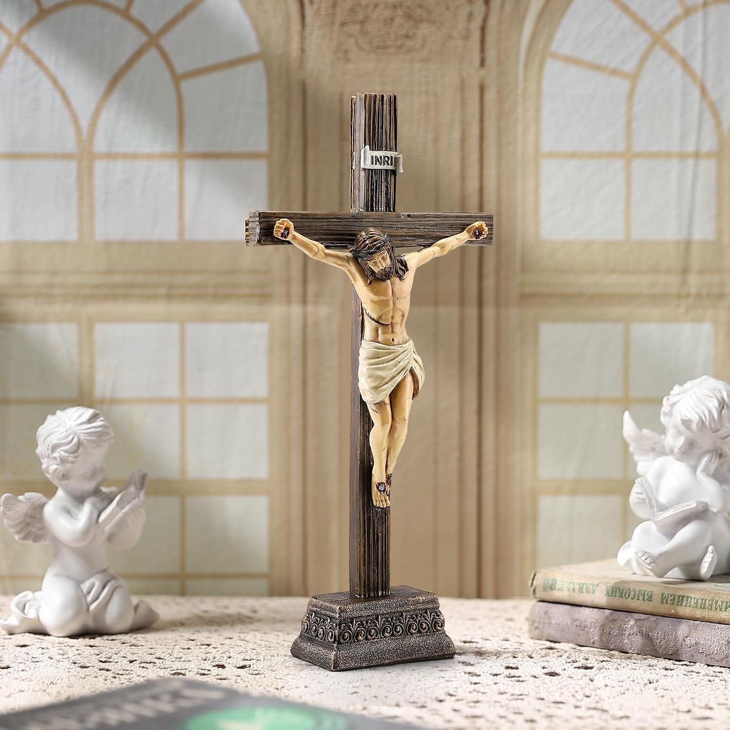 Magicsculp 10.8″ H Jesus Crucifix Statue – Resin Standing Wall Cross Decoration, Praying Religious Figurine Jesus Christ Catholic Display, Hanging or Tabletop with Stand for Home Decor