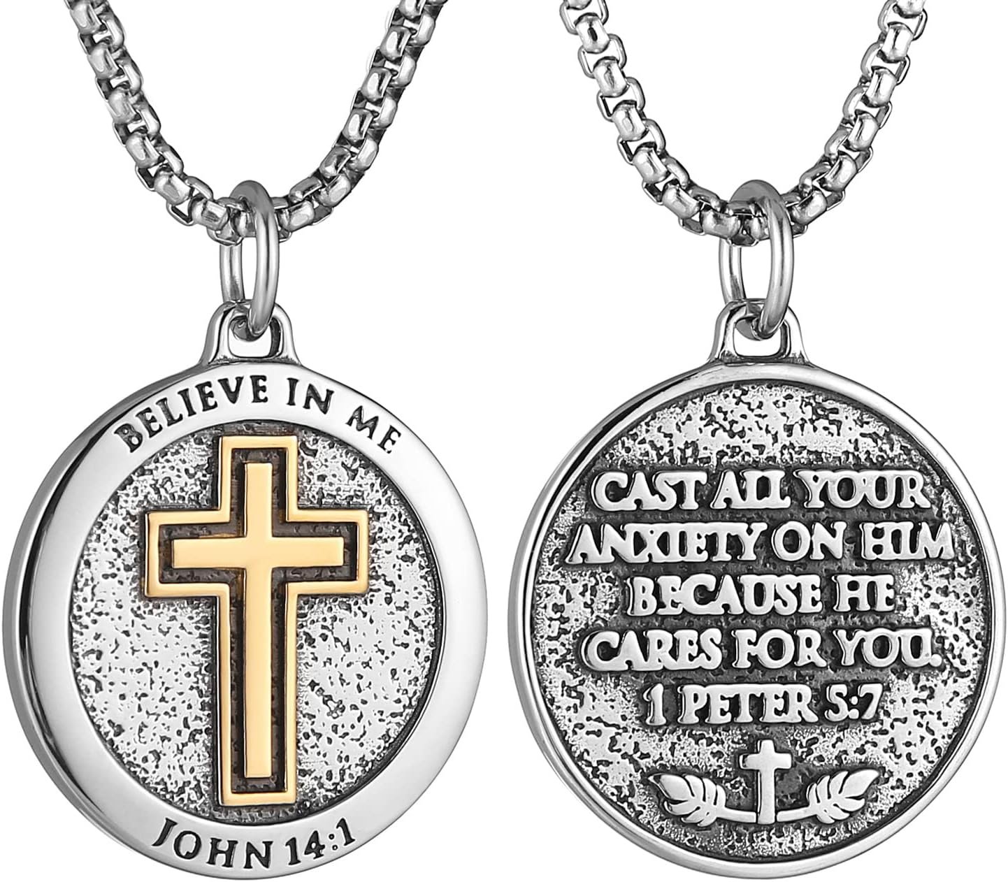 HZMAN Bible Verse Necklace for Men Women Stainless Steel Inspirational Verse Cross Round Pendant Jewelry Gift