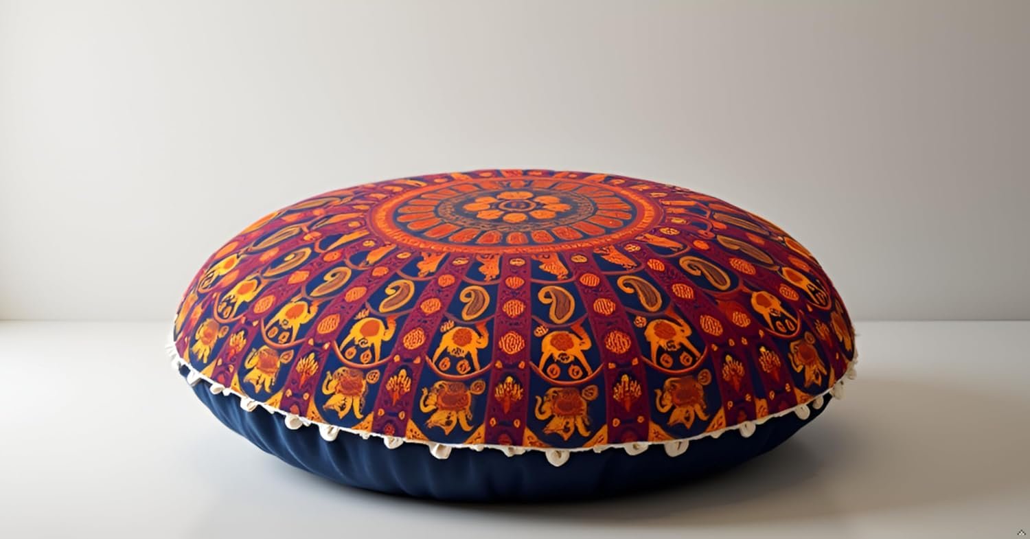 CRAFT KALA 22″ Mandala Meditation Floor Pillows Pouf Cover Round Seating Bohemian Mandala Cotton Floor Cushion Cover Outdoor Fireplace Seating Living Room Yoga Room Home Décor Multi Elephant Camel
