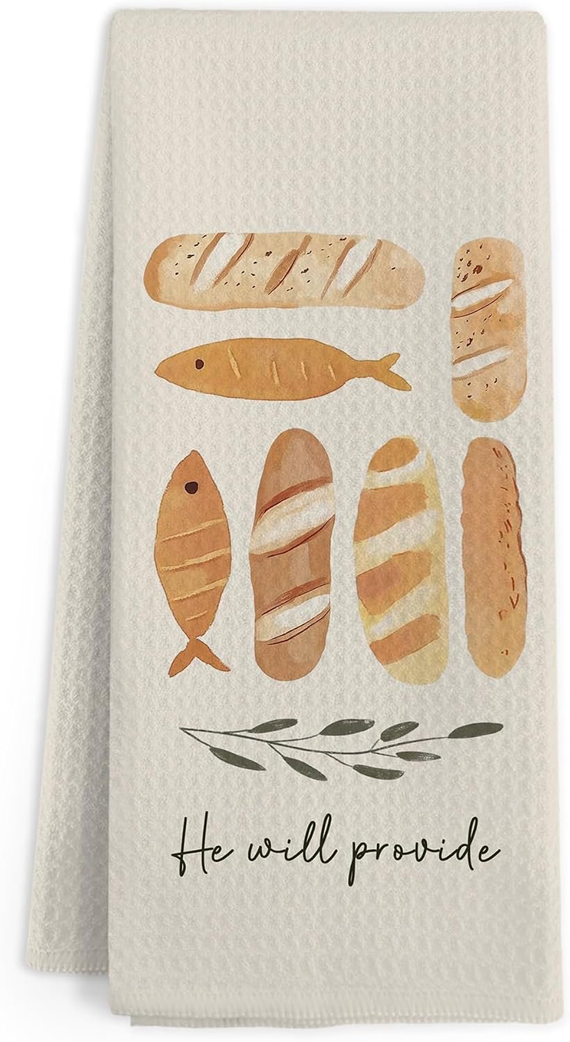 Christian Fish and Loaves Kitchen Towels, Jesus Feeds the 5000 Hand Towels, Modern Christian Neutral Artful Hand Dish Tea Towel for Kitchen Bathroom Decor, Easter Home Decor, 16×24 Inch