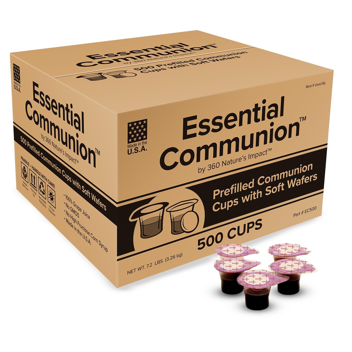 360 Nature’s Impact Disposable Prefilled Communion Cups and Wafer Set with Concord Grape Juice, Elements for Church, Home, and Hospital Services, Holy Eucharist Supplies, 500 Count