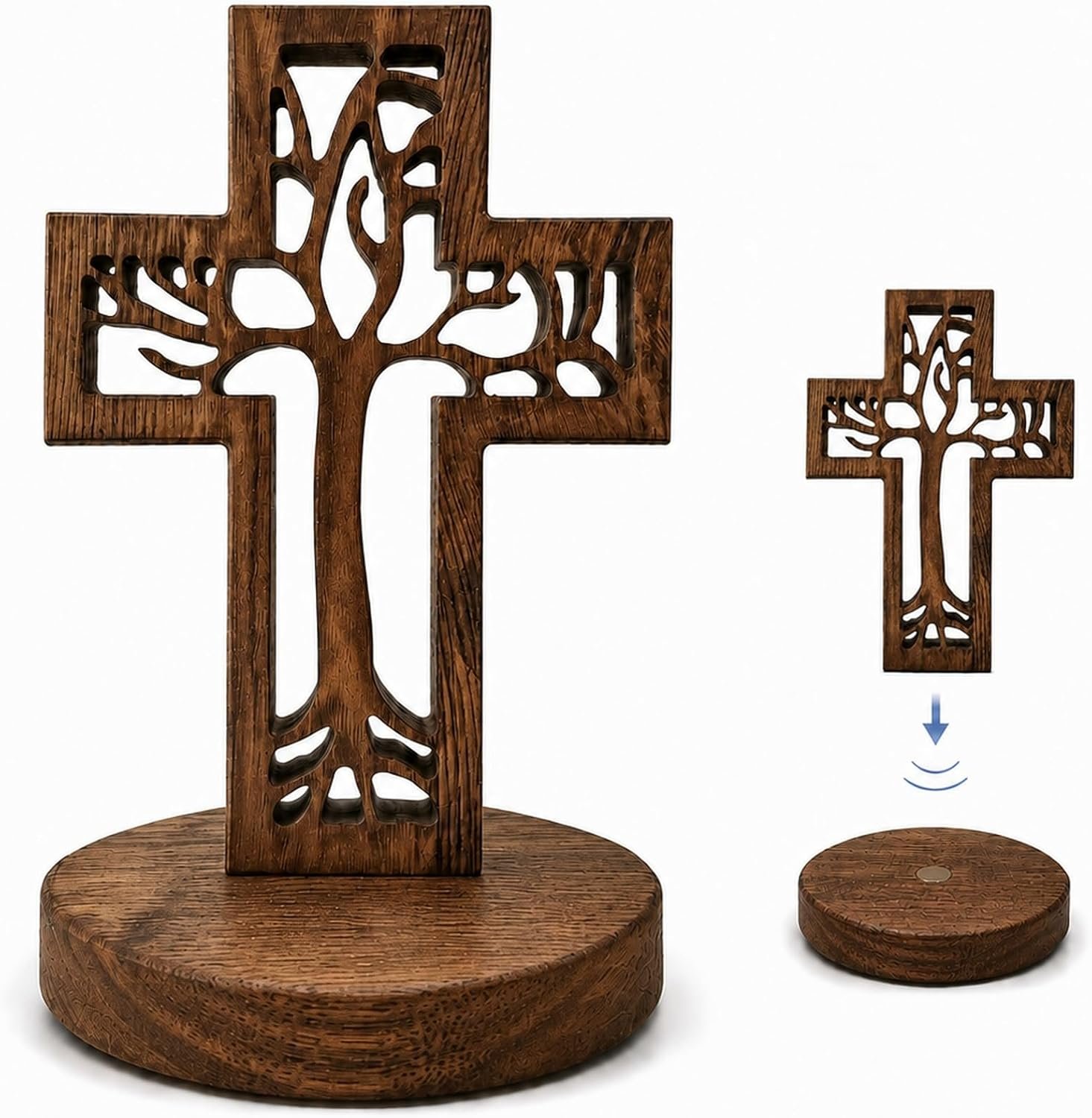 Tree of Life Wooden Cross Decor 8inch Carved Christian Cross Freestanding or Wall Hanging with Attached Stand for Tabletop Display, Rustic Solid Pine Religious Gift for Vintage Retro Home Living Room