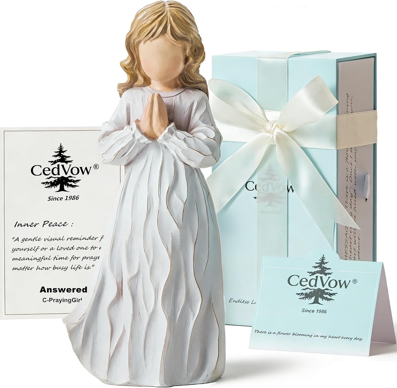 Answered Angel of Prayer Figurine, Solid Resin Praying Angel Figurines Spiritual Decor Statue for Women Girl Religious Hope Sympathy Statues Figure Gifts,Luxury Gift Box with Ribbon &Card-6.2”