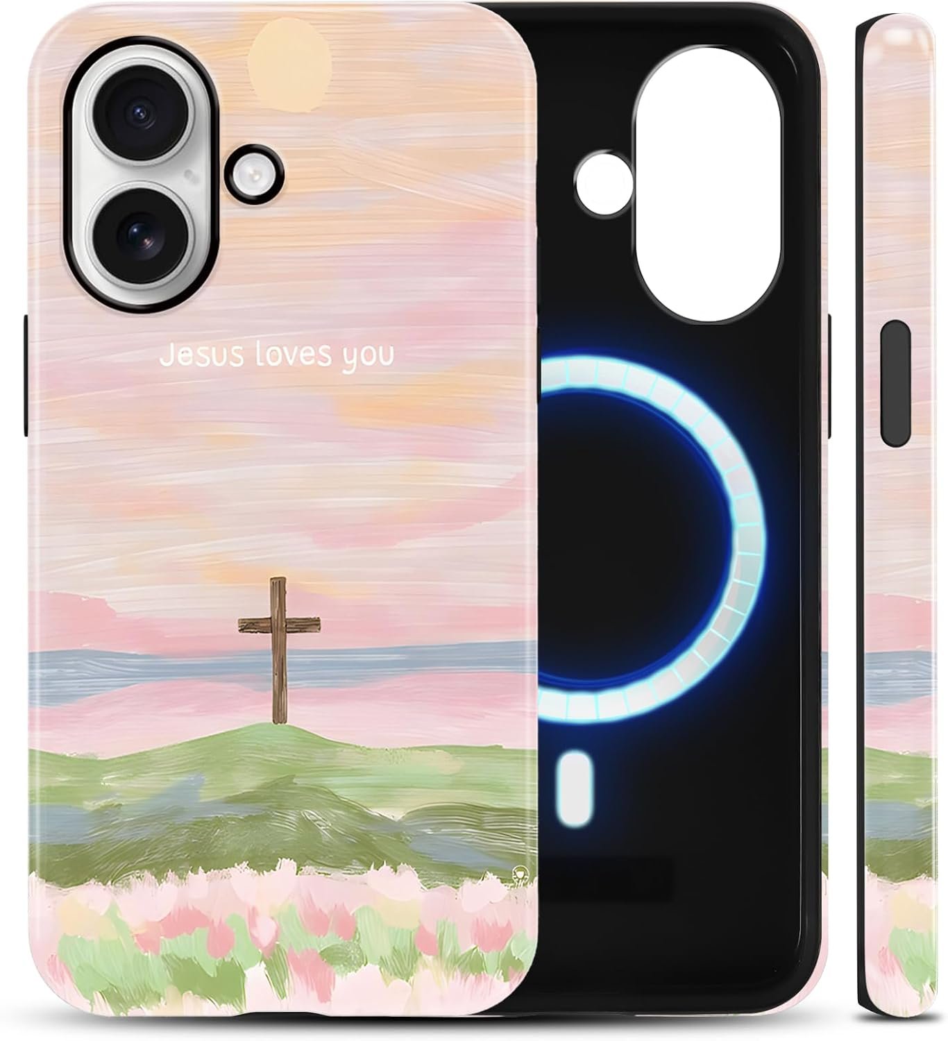 Jesus Bible Verses Phone Case for iPhone 16 6.1″, Compatible with MagSafe Jesus Loves You Pastel Landscape Watercolor Christian Cross Protective Cover, Faith-Inspired Spring Design