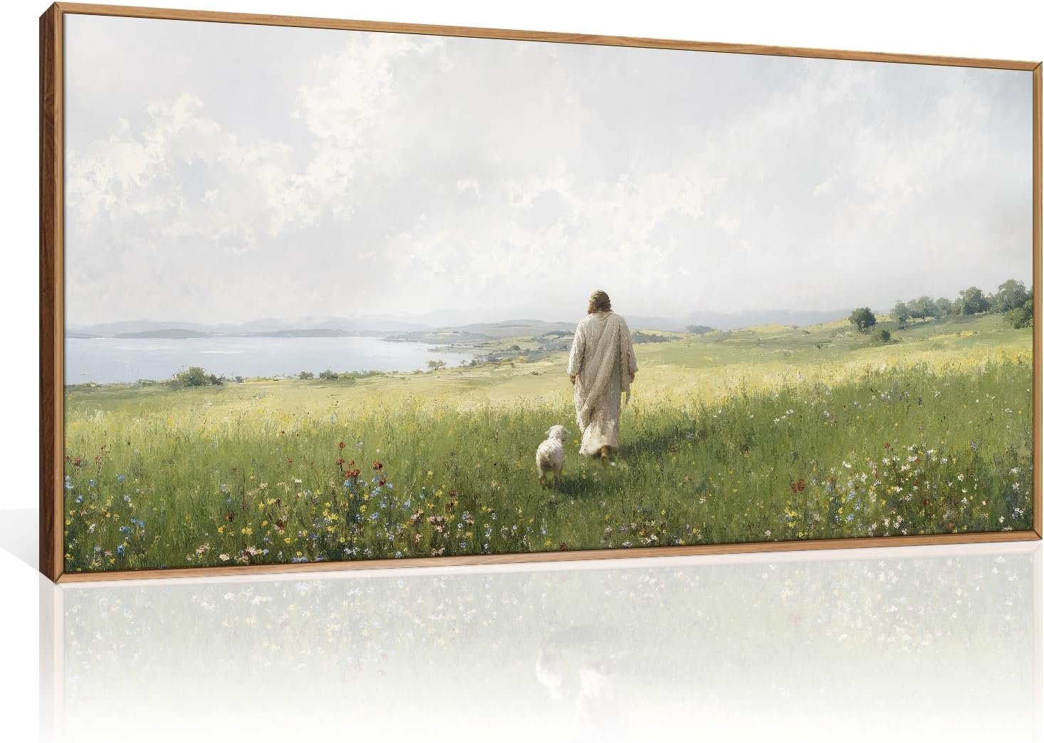 HLNIUC Jesus Lamb Framed Canvas Wall Art,Christian Wildflower Bible Horizontal Wall Decor,Vintage Religion Scripture Artwork(40×20),Large Nature Meadow Landscape Prints for Living Room,Bedroom,Office
