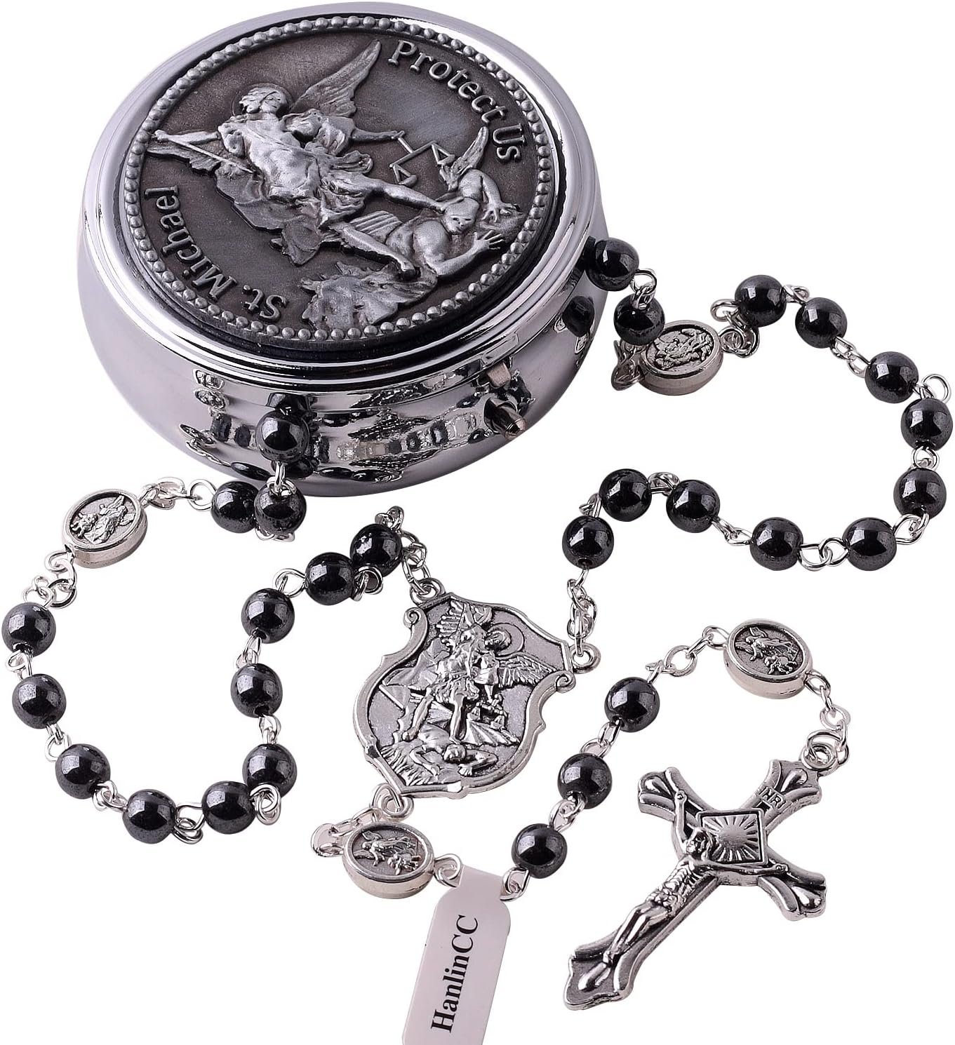 HanlinCC Catholic Rosary Saint Michael Hematite Bead Necklace with Gift Box