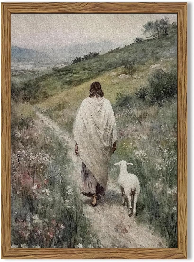 Jesus and Lamb Wall Art 3D Textured Hand Drawn Sandstone Lost Lamb Wall Decor, Jesus Leaves the 99 Sheep Christian Paintings Artwork for Living Prayer Room Bedroom 12×16 inch Wood Framed