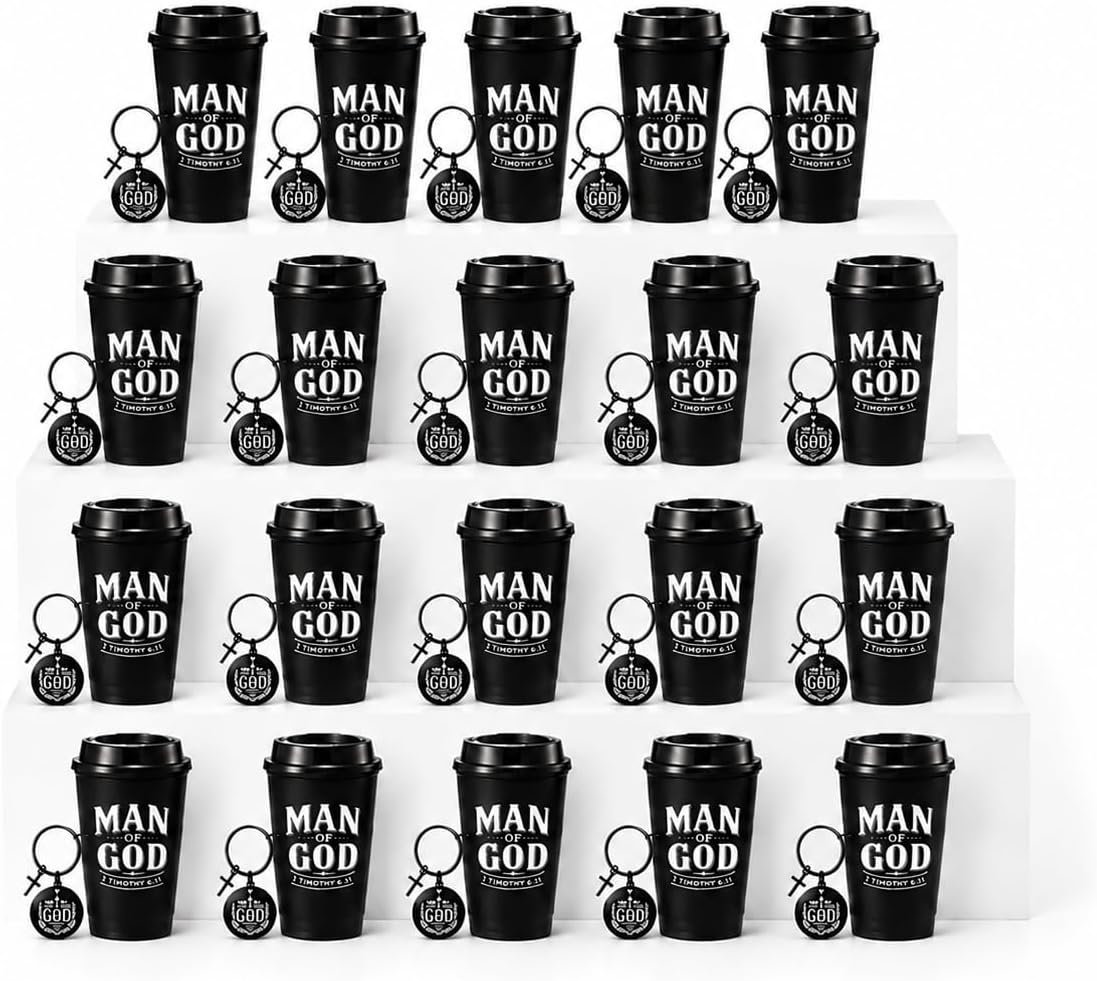40pcs/20 Sets Christian Gifts for Men Man of God 16 oz Reusable Coffee Cups with Lids & Matching Cross Keychains – Religious Group Gift for Church Volunteers, Pastors, Men’s Ministry