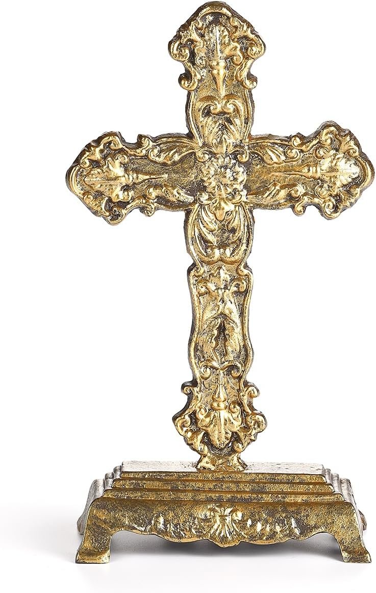 12″H Gold Tabletop Standing Cross with Stand, Religious Cross Statue