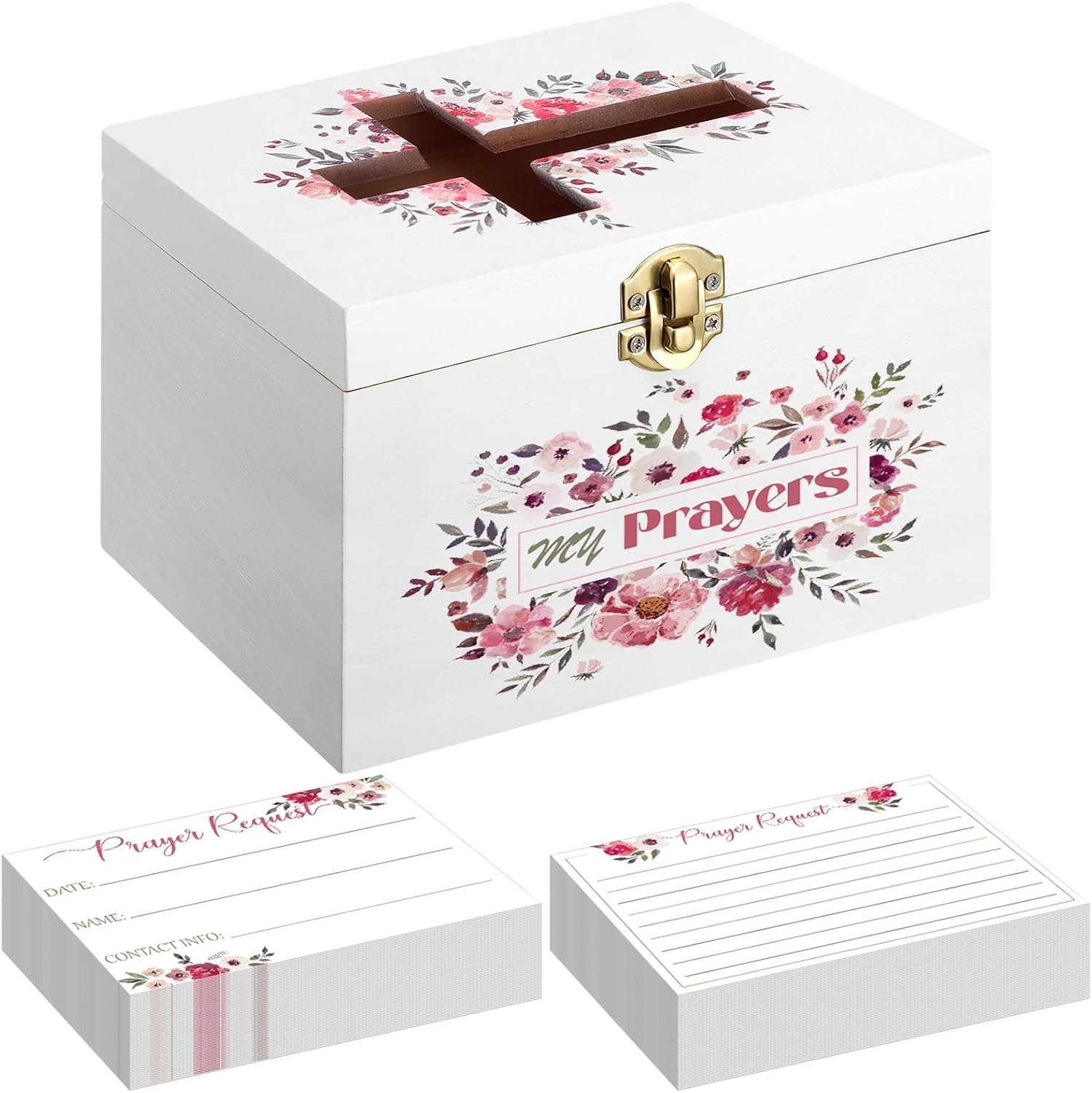 Croblissful Prayer Request Box with 100 Pcs Prayer Cards, Wooden, Flowers