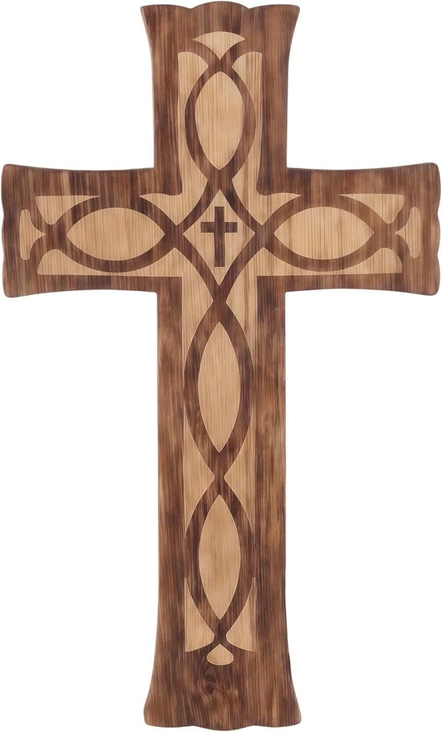 10″ Wooden Cross for Wall-Handcraft Religious Jesus Cross Carved Pattern