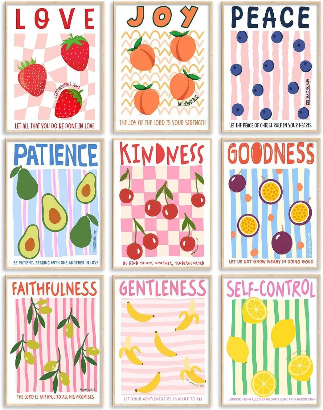 Fruit of the Spirit Bible Verses Wall Art Minimalist Striped Christian Poster Colorful Scripture Picture Galatians 5:22 Spiritual Faith Painting Print Artwork for Dining Room Kitchen Church, Unframed