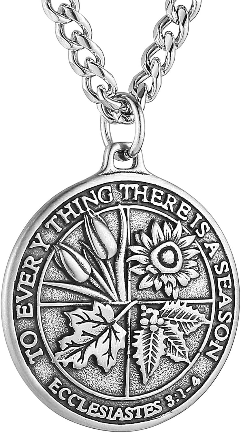 HZMAN Coin Necklace Men’s Stainless Steel Necklace Pendant Retro Ecclesiastes Bible Verse Round Medal Necklace Jewelry Gift