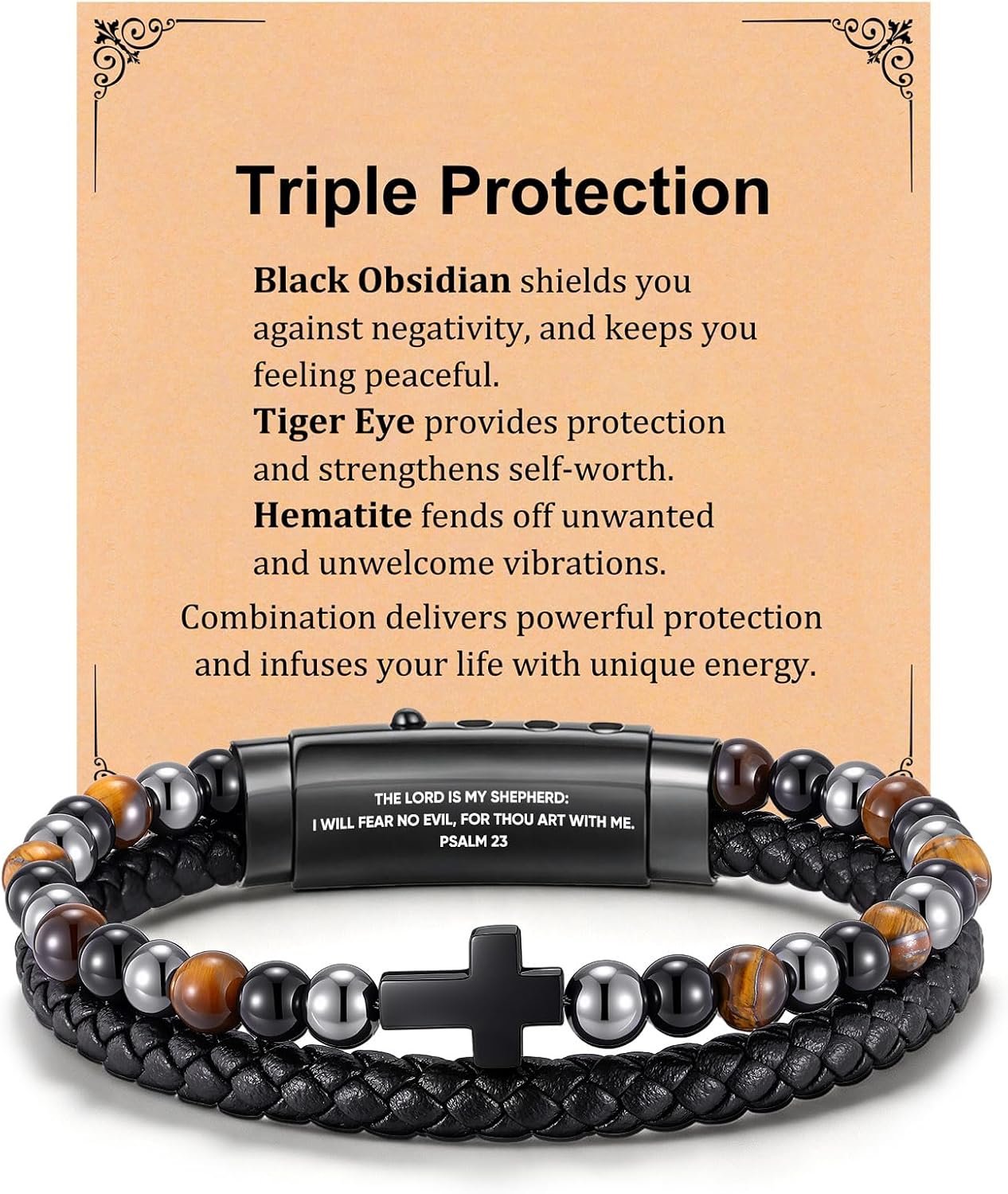 VNOX Rosary Bracelet for Men with Hematite,Mens Christian Cross Bracelet