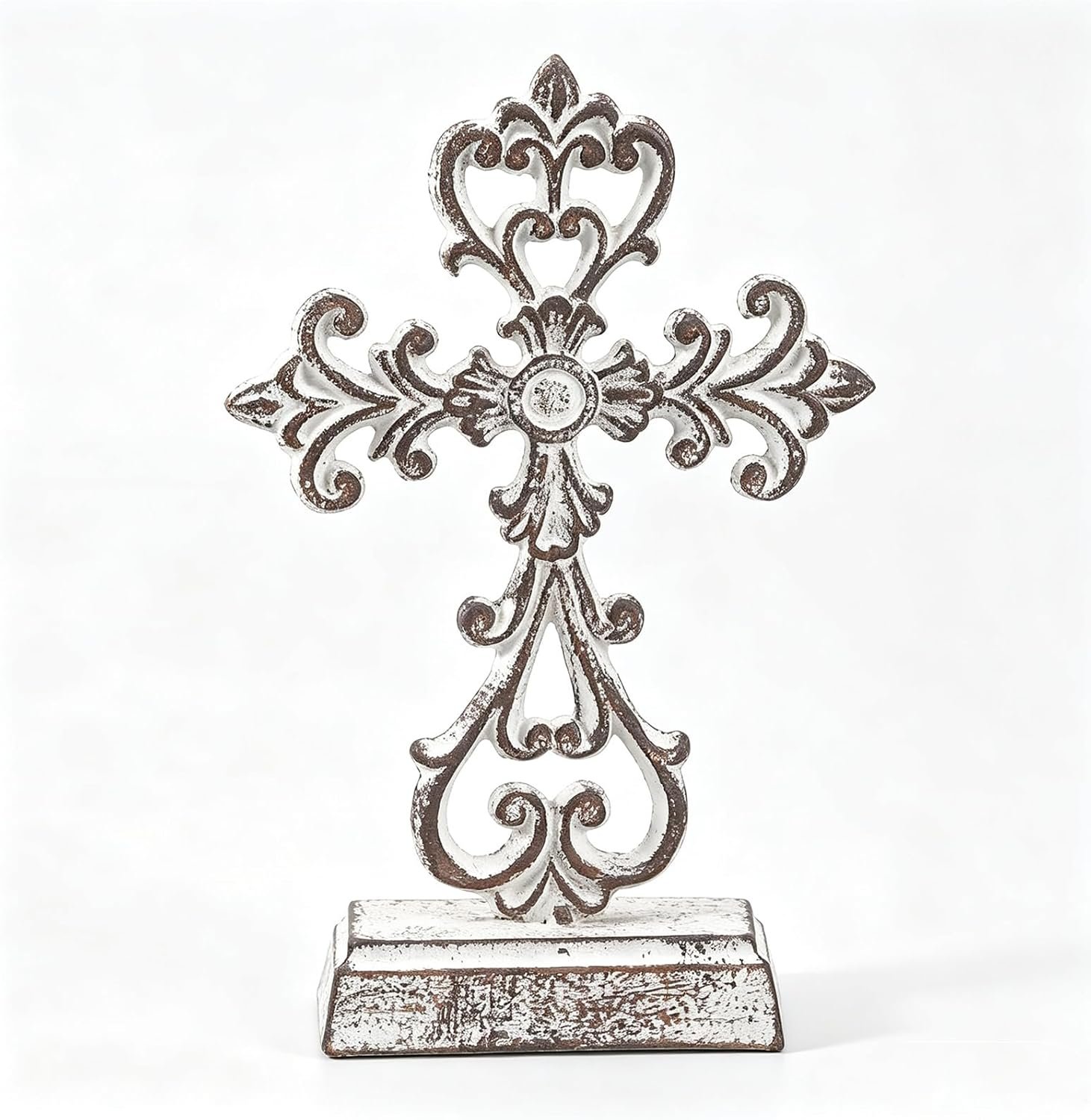 10.6″H Farmhouse Standing Cross With Stand, Metal Cross On Stand For Table