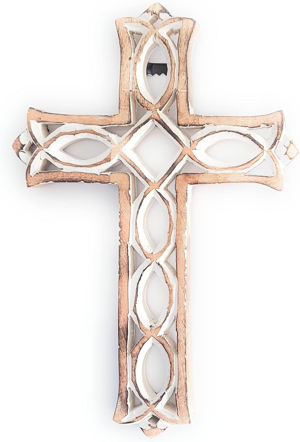 ARTISENIA Thanksgivning Gifts Wooden Wall Cross Plaque with Hand Carvings | Religious Altar Home & Living Room Decor | Whitewash Wood Wall Cross 12 x 8 Inch