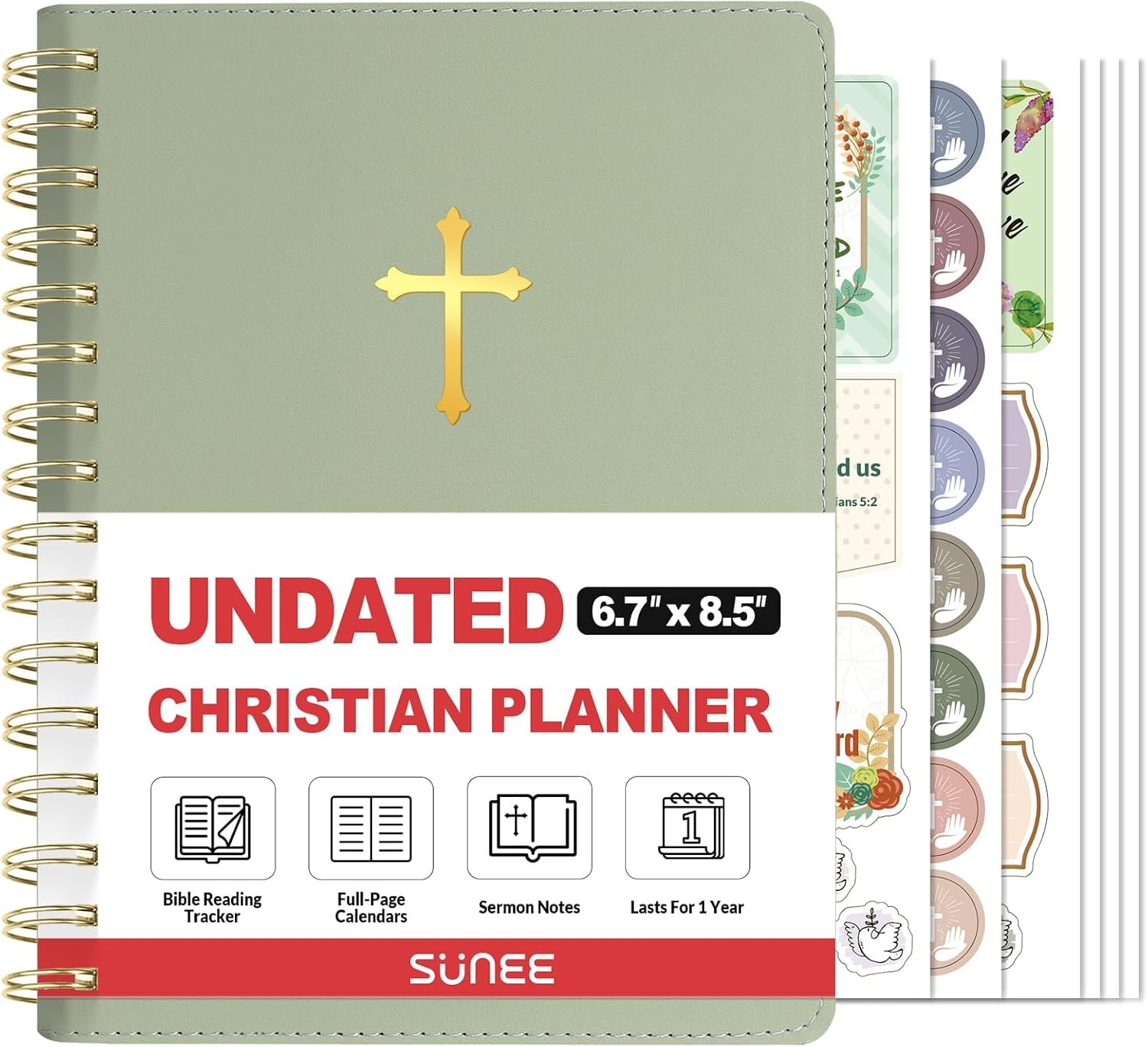 SUNEE Christian Planner – Undated 12 Month Bible Journal and Prayer Planner A5 Spiral Bound, Monthly & Weekly Christian Organizer Gifts for Women Men (Grey Green)