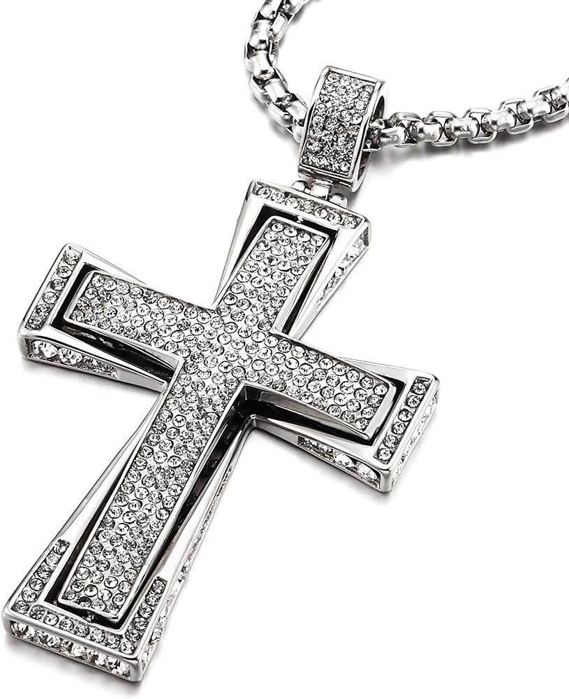 COOLSTEELANDBEYOND Mens Womens EXTRA LARGE Steel Cross Pendant Necklace with Cubic Zirconia and Wheat Chain