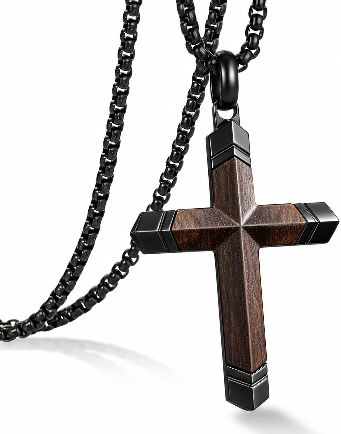 Wooden Cross Necklace for Men with Stainless Steel Adjustable Chain 24-26in, Christian Wood Crucifix Pendant Gift for Him