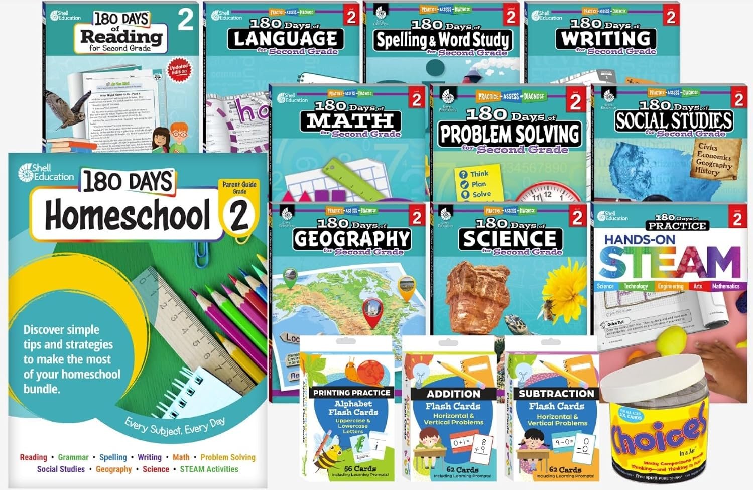 180 Days® Homeschool Grade 2 Set: Every Subject, Every Day (ten 180 Days® activity books, three flash card decks, and one In a Jar activity cards, and a parent guide): Every Subject, Every Day
