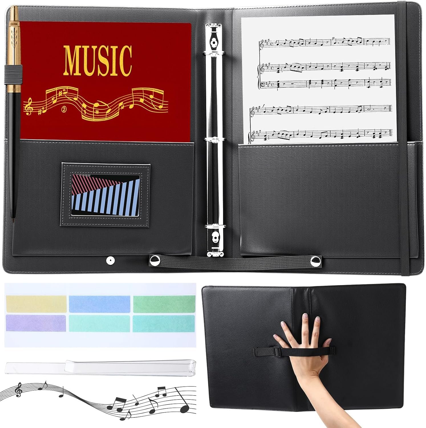 Dunzoom Black Choral Sheet Music Folder 3 Ring Choral Music Folder 13″ x 9.5″ PU Leather Loose Leaf Record Holder with Elastic Hand Strap Fits Letter Sized 8.5″ x 11″