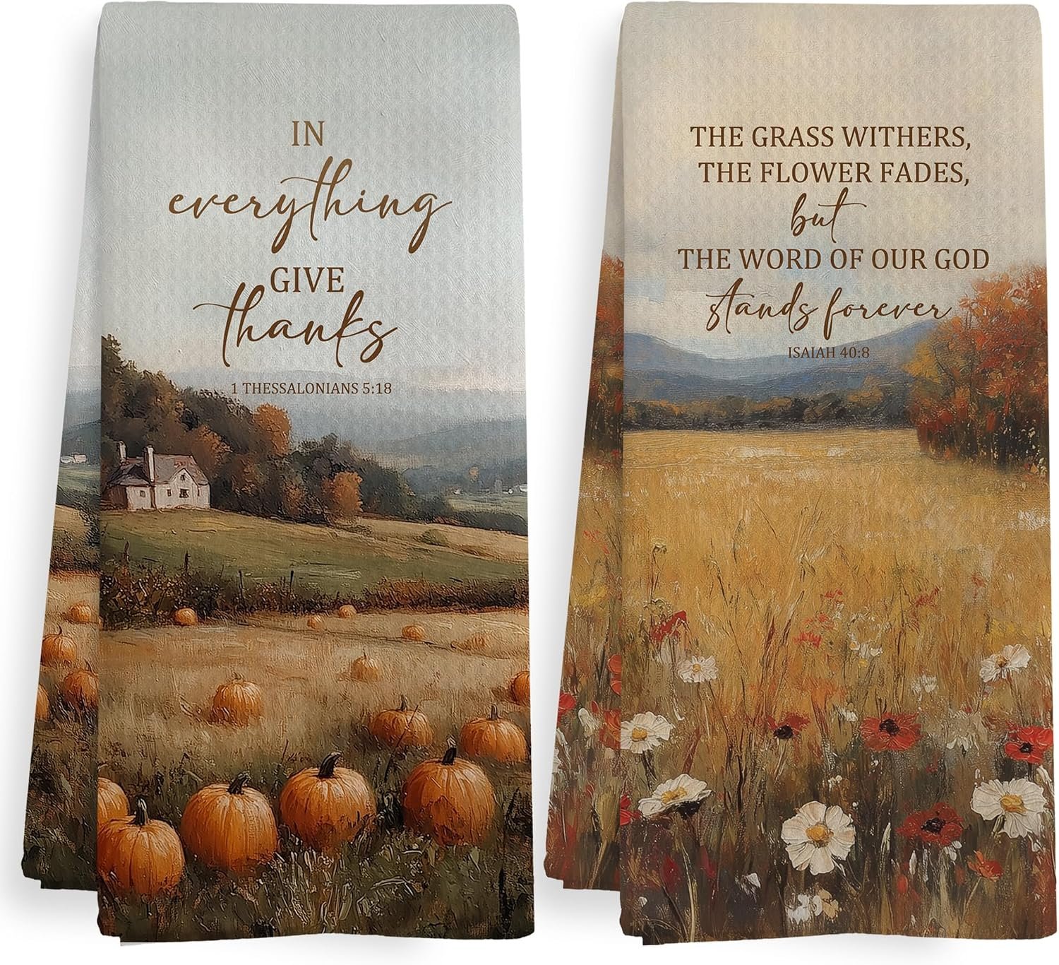 Fall Christian Pumpkin Kitchen Towels and Dishcloths Sets of 2, Fall Autumn Thanksgiving Floral Decor Hand Dish Tea Towels for Bathroom Kitchen, Rustic Cottagecore Harvest Decor, 16×24 Inch