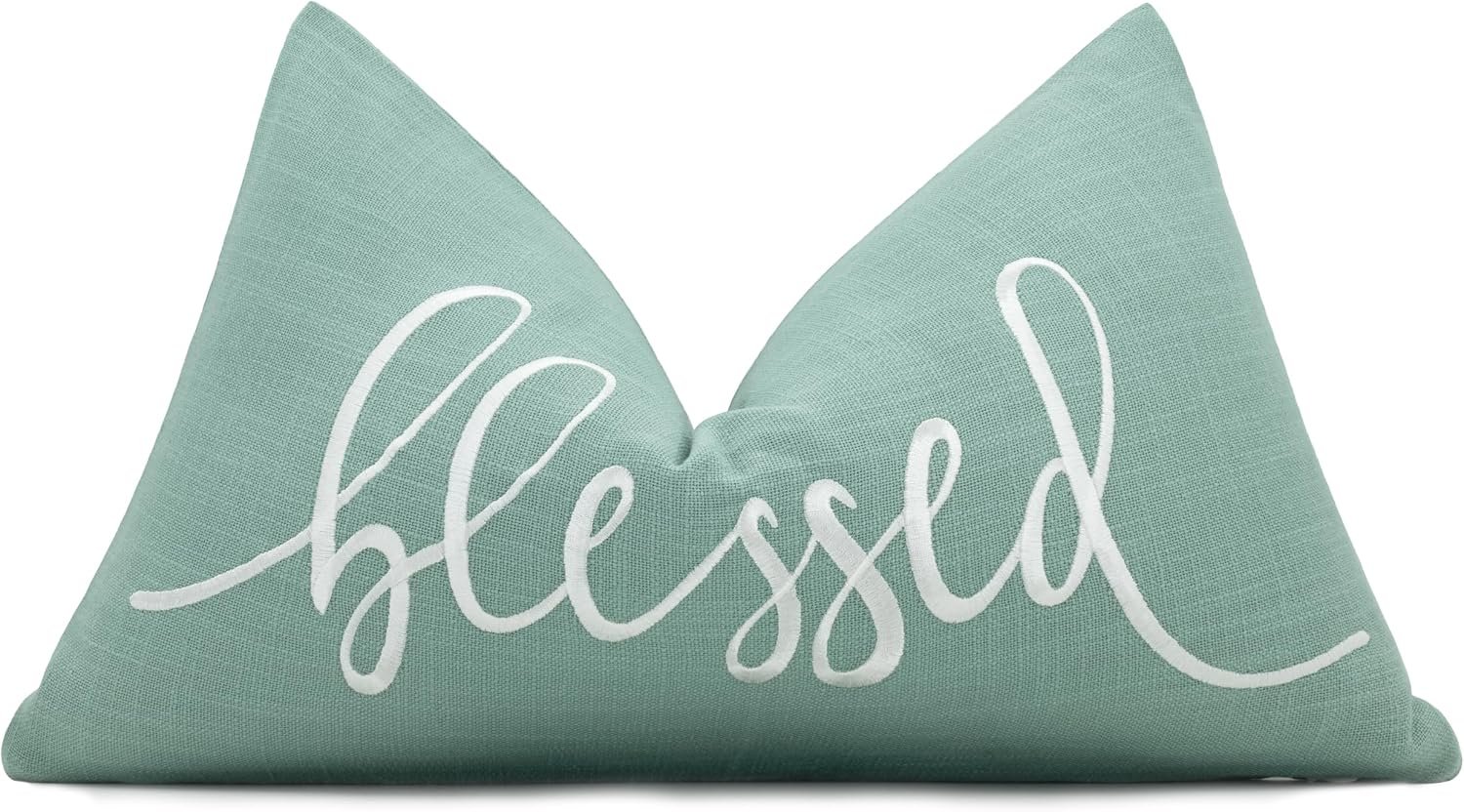 EURASIA DECOR Blessed Embroidered Lumbar Pillow Cover 12×20, Light Teal